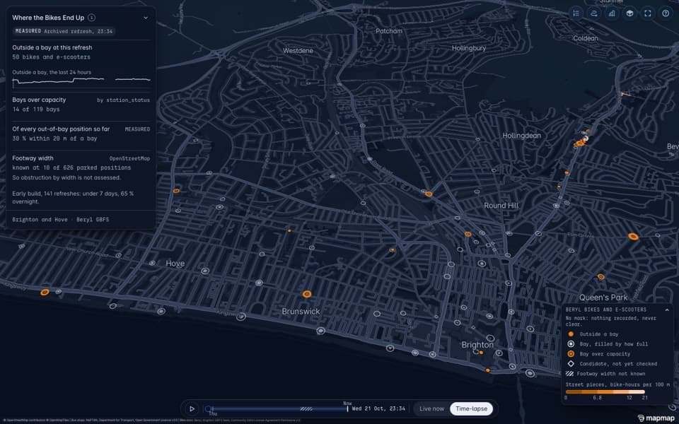 A map of Brighton with the hire bike bays, how full each is, and the bikes left outside a bay.
