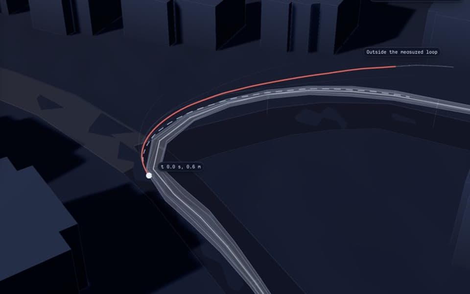 A Worthing street in 3D: the driver's band in grey and one of the model's paths in red, leaving it on the turn.