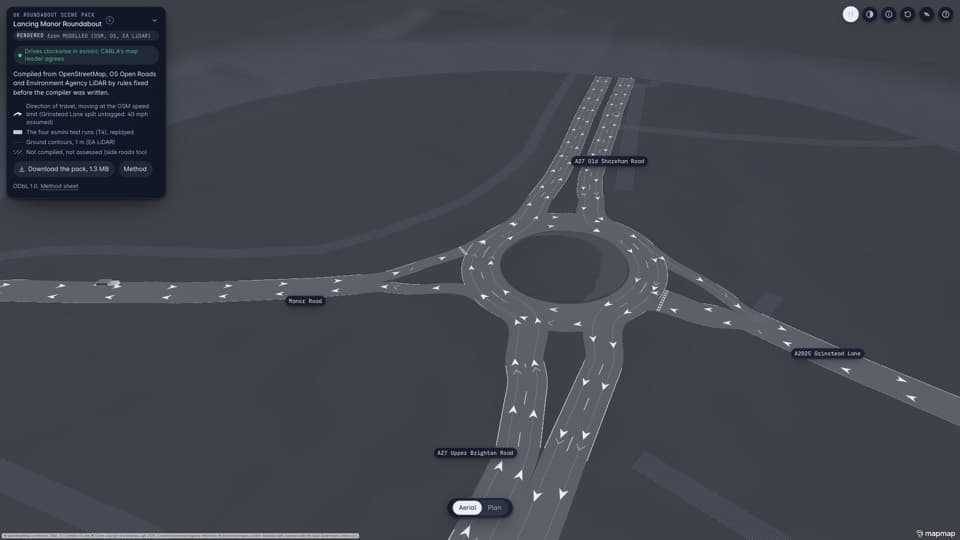 Lancing Manor Roundabout as a compiled simulator scene, lanes drawn clockwise.