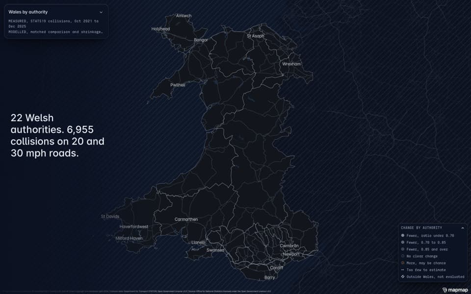 Wales by local authority, with the count of collisions on 20 and 30 mph roads and the change-by-authority key.