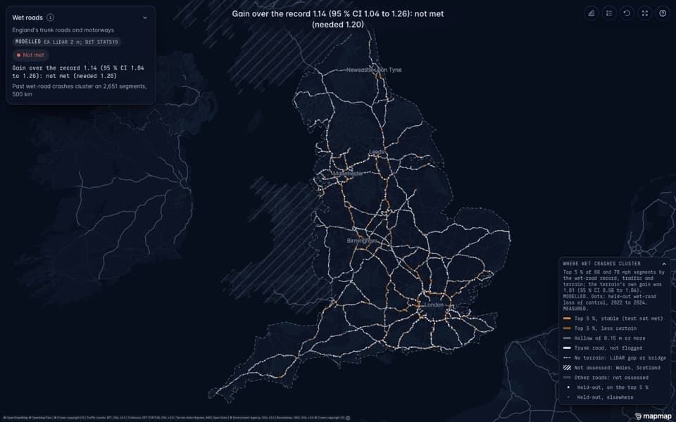 England's motorways and trunk roads, with the stretches where wet-road crashes cluster picked out, and the result: not met.