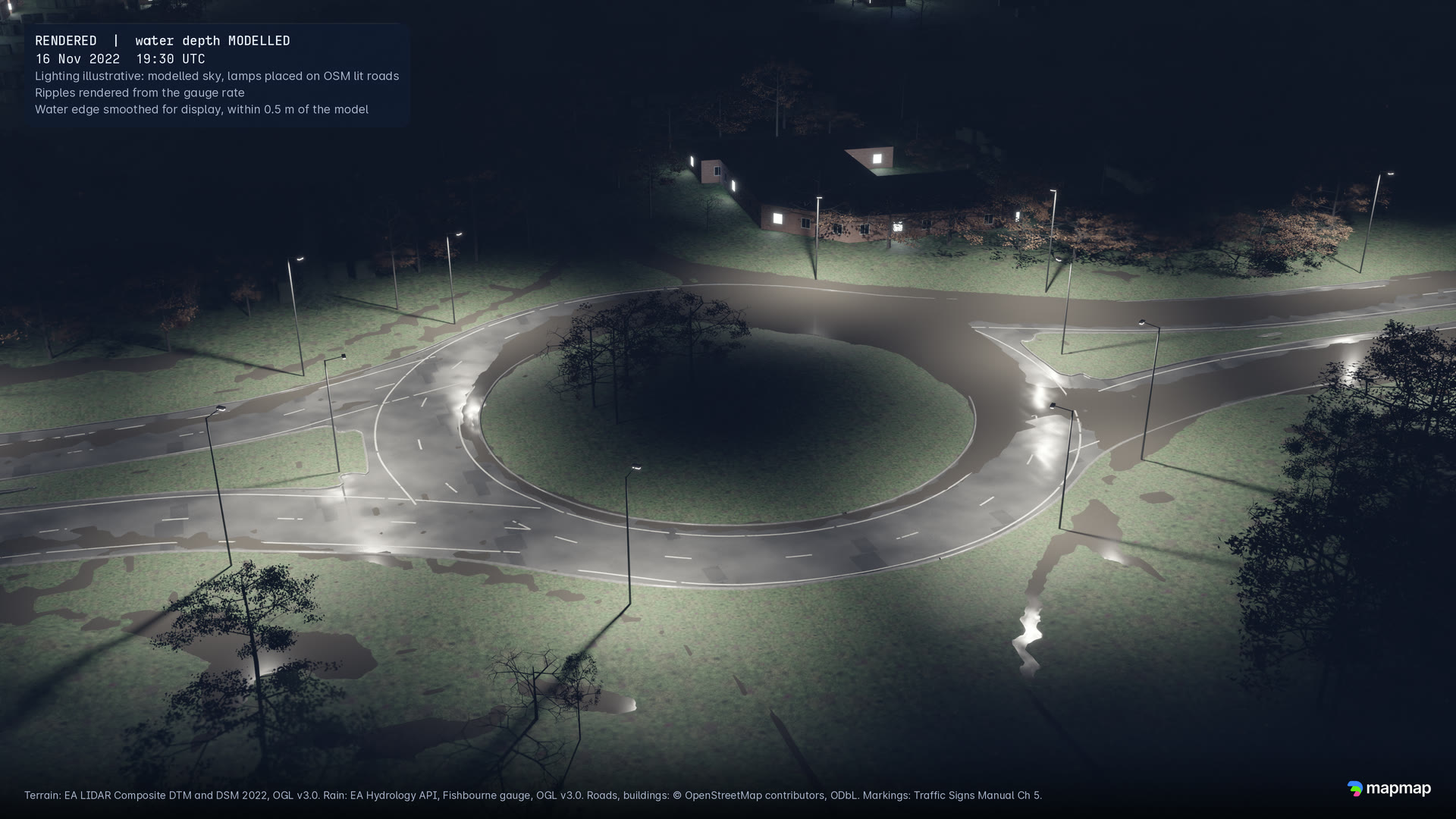 Whyke Roundabout at 19:30 UTC from low above, street lights on the wet carriageway, modelled water lying along the road edges and on the verges.