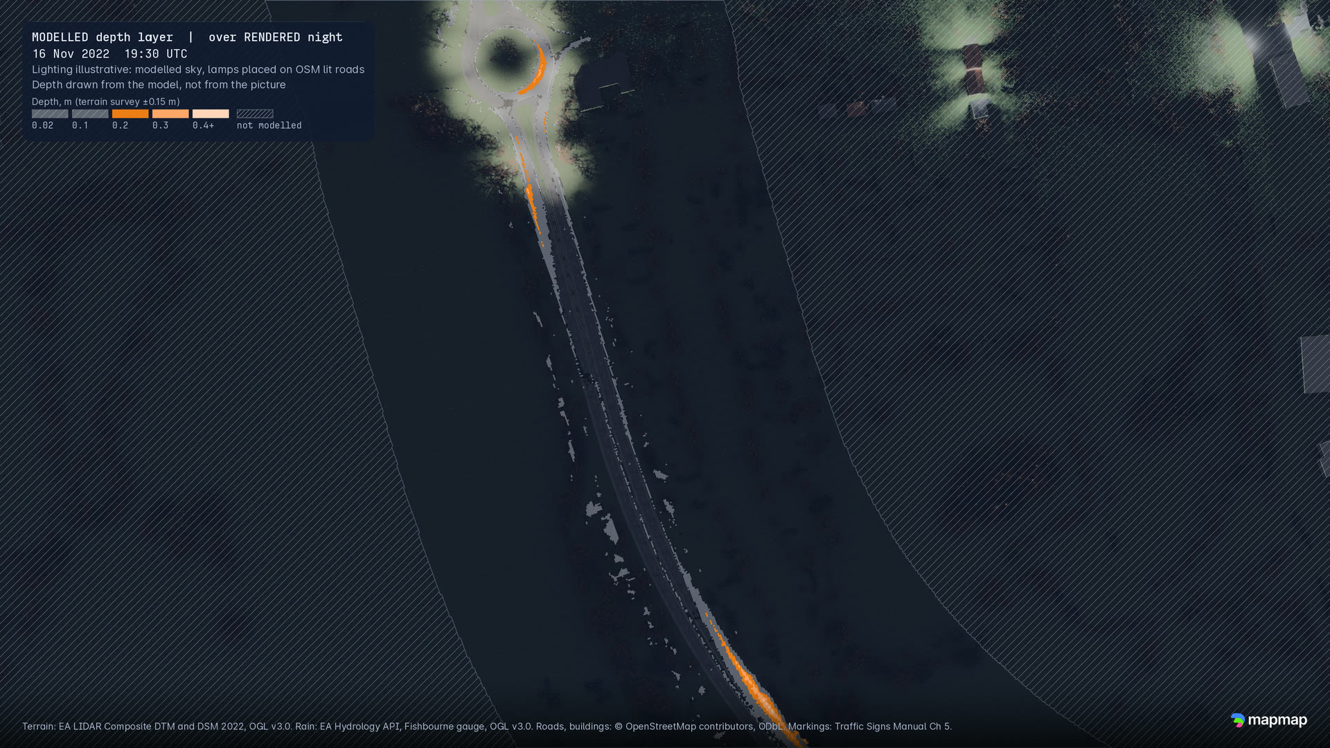 The bypass from straight above at 19:30 UTC with the modelled depth layer drawn over it in orange where water is deepest, a depth legend with the terrain survey's 0.15 m bound, and the ground outside the modelled band hatched.