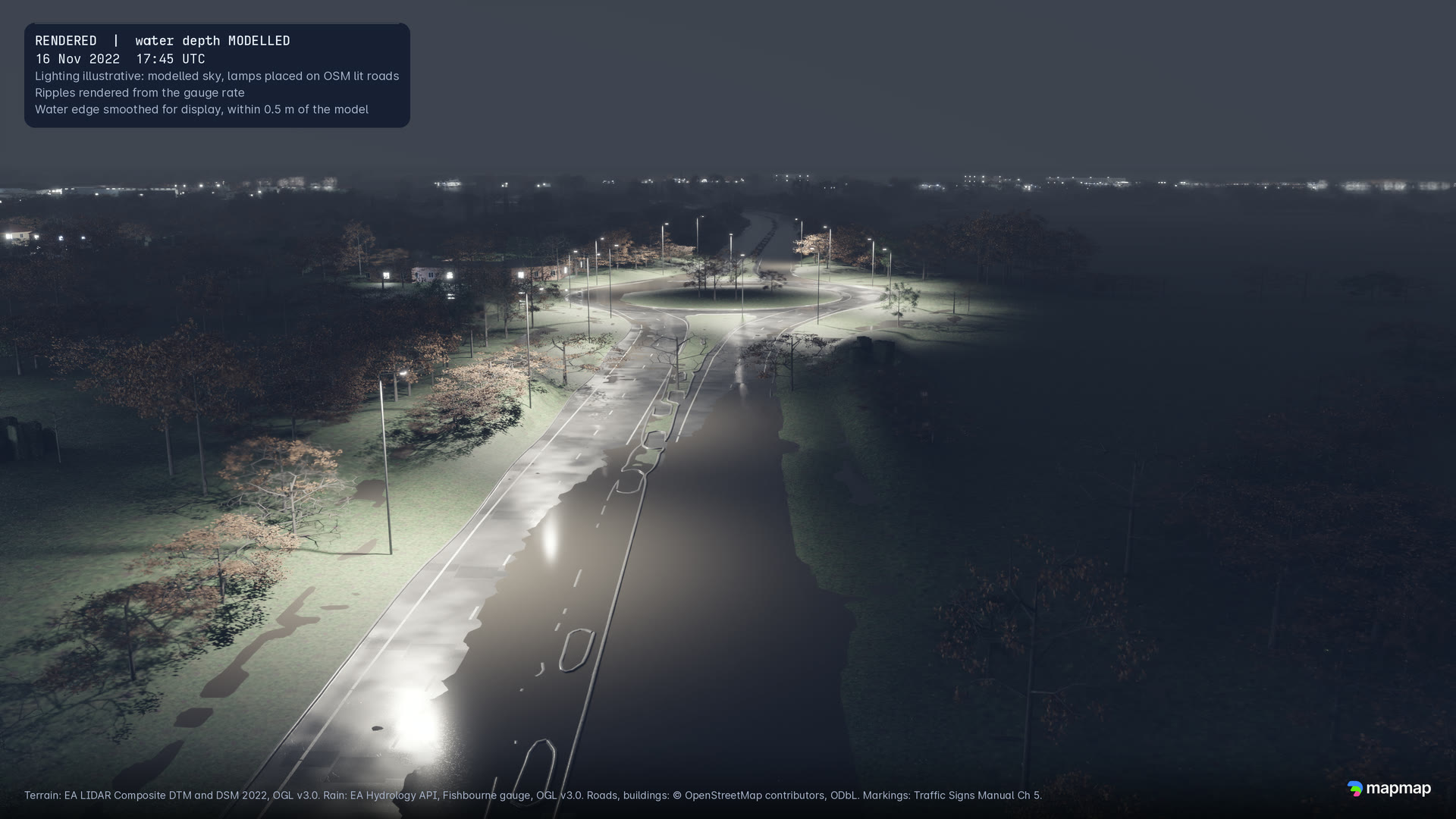 Looking along the A27 towards a lit roundabout at 17:45 UTC, the street lights reflected in modelled water on the carriageway.