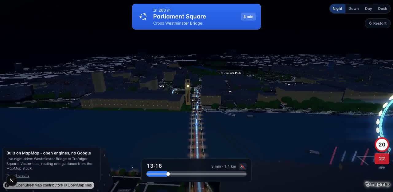 The live London 3D demo at night: an illuminated drive over Westminster Bridge with live transit