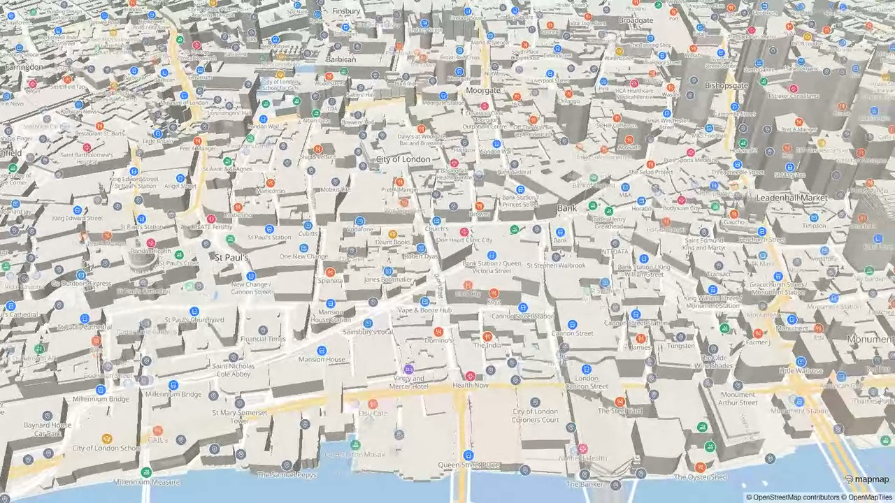 3D buildings and the globe projection rendered live on a MapMap map