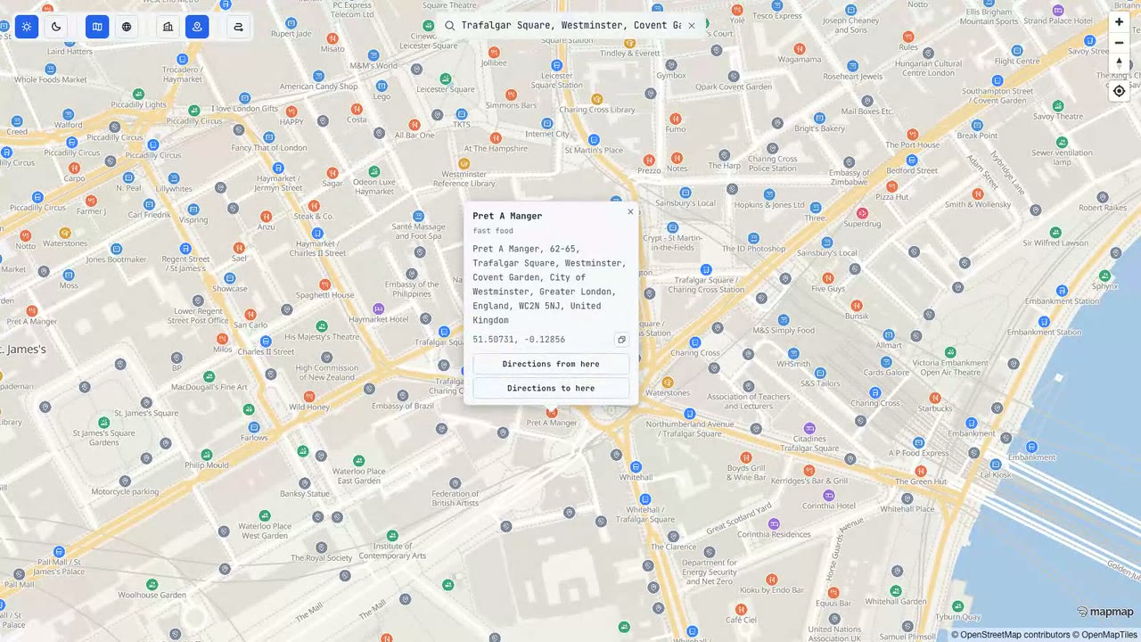 Searching and interacting with points of interest on a live MapMap map, rendered by @mapmap/maps