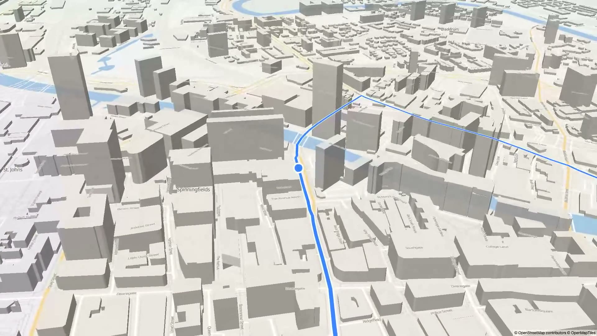 MapMap Nav's 3D route view through Manchester, guided by the SDK
