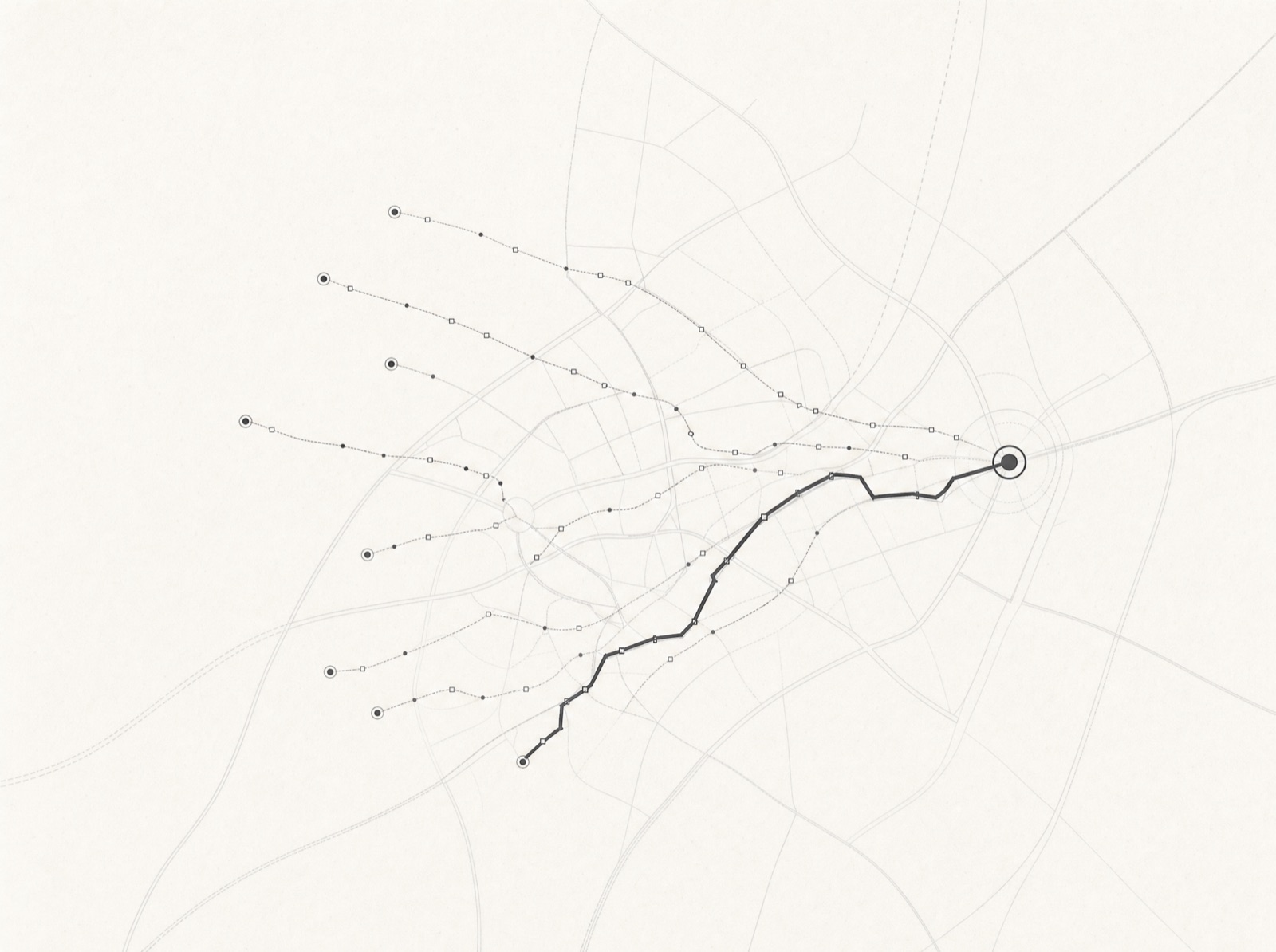 Diagram: a swarm of agent probes tracing routed paths across a road network toward one destination