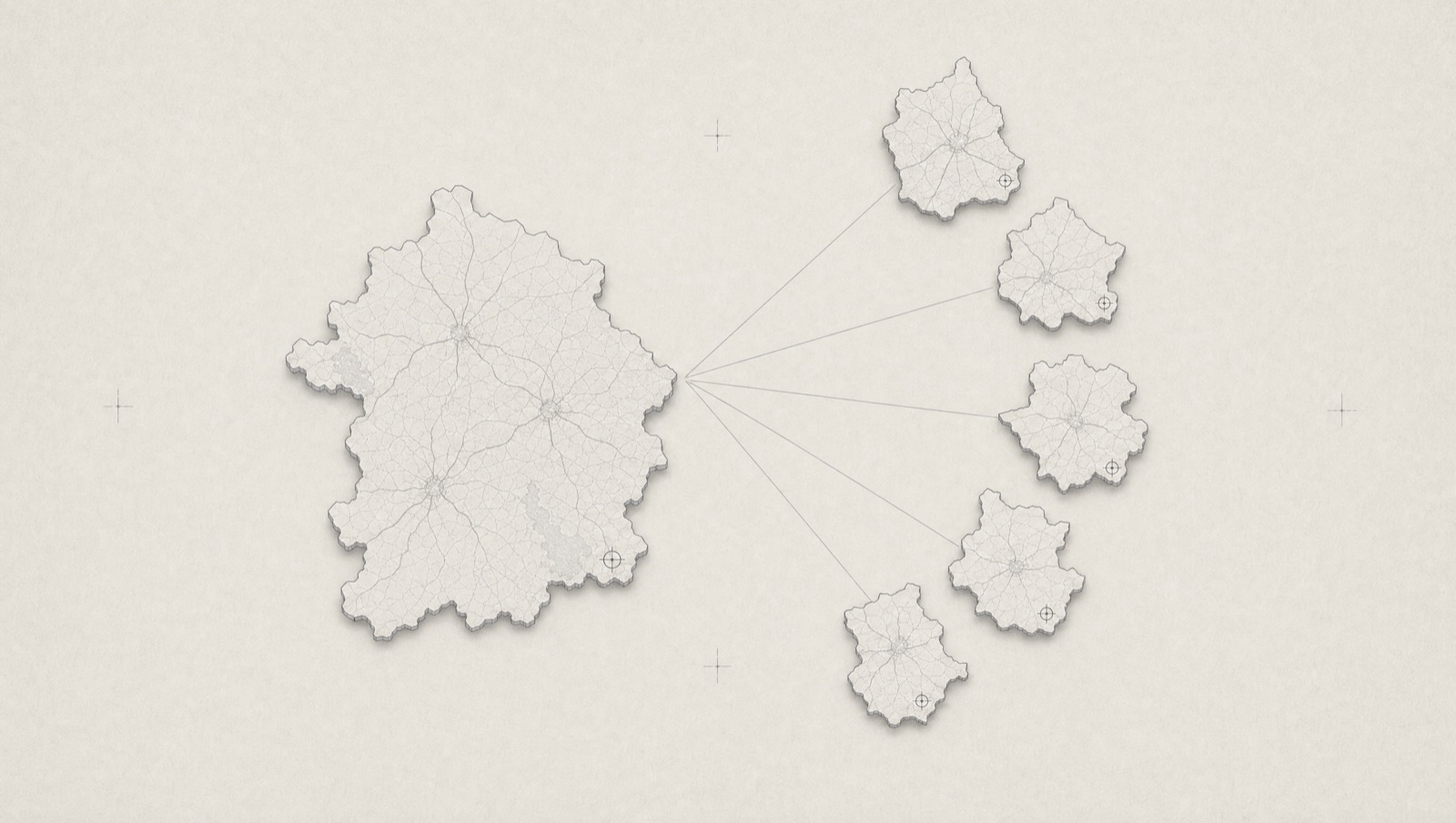 Diagram of one large source map in low relief with a small circular registration mark, fine lines fanning out to five smaller derived map tiles, each carrying the identical mark