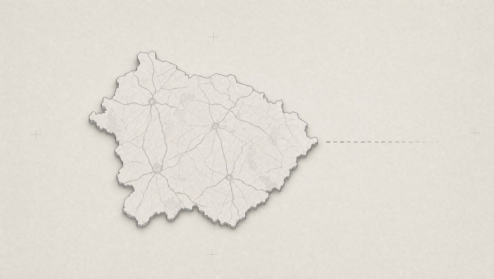 Diagram of a single map territory sitting intact in low relief while a dashed supply line running toward it breaks off short and fades out