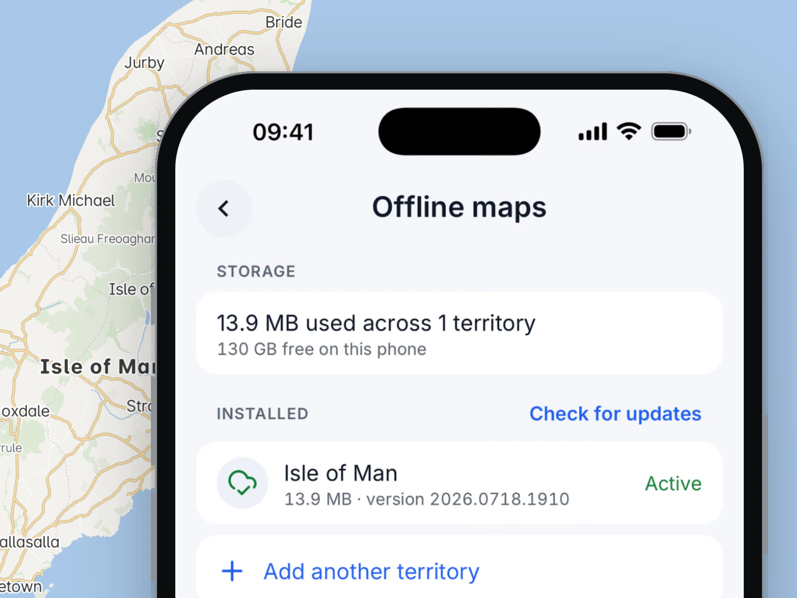 MapMap Nav on an iPhone over a map of the Isle of Man, showing the Offline maps screen: 13.9 MB used across 1 territory, Isle of Man installed and active