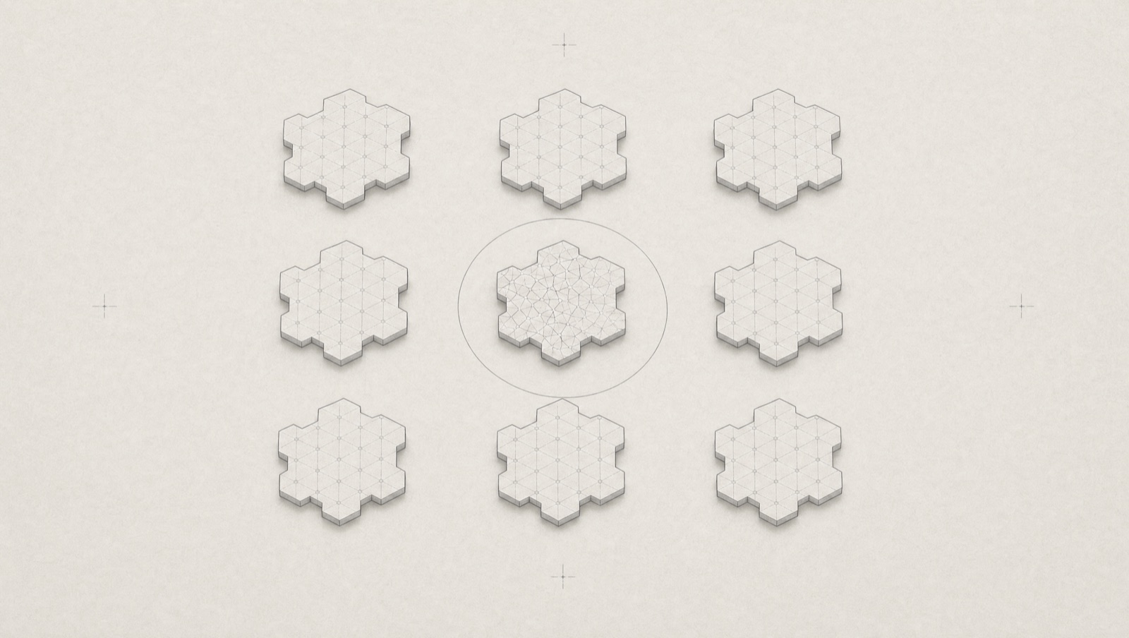 Diagram of nine identical component tiles in low relief, one of them carrying a denser irregular lattice and enclosed by a fine containment ring