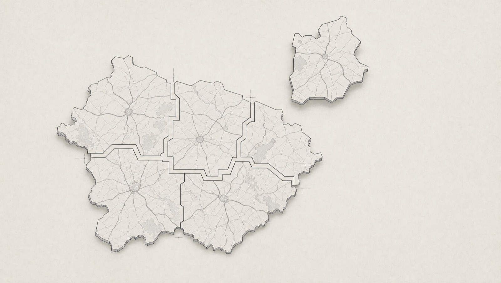 Diagram of a country fractured into interlocking map tiles, each with its own road network