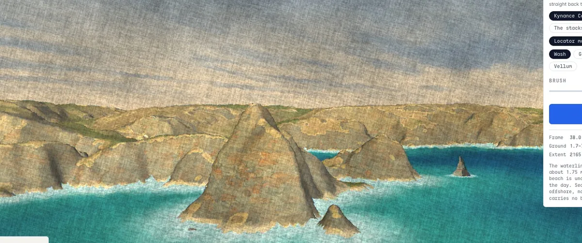 Kynance Cove rendered as a painting: turquoise shallows, dark rock stacks and painterly cliff relief.