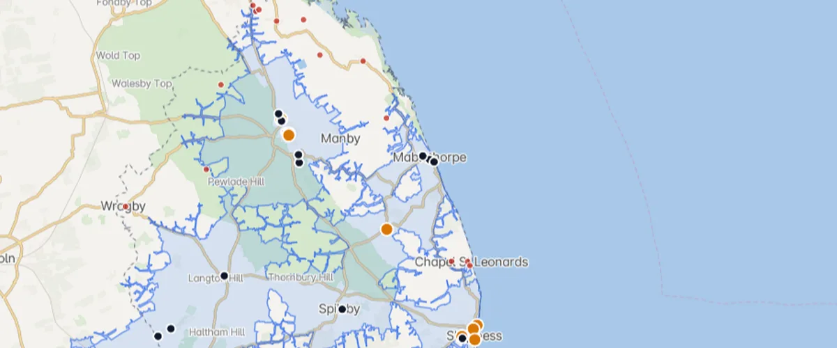 Map of EV charging drive-time coverage gaps across a rural county