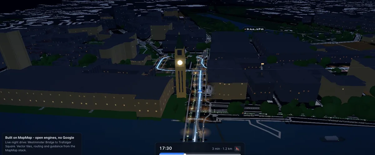 The London night drive: the blue route ribbon crossing Parliament Square beside Big Ben, lit windows across the city.