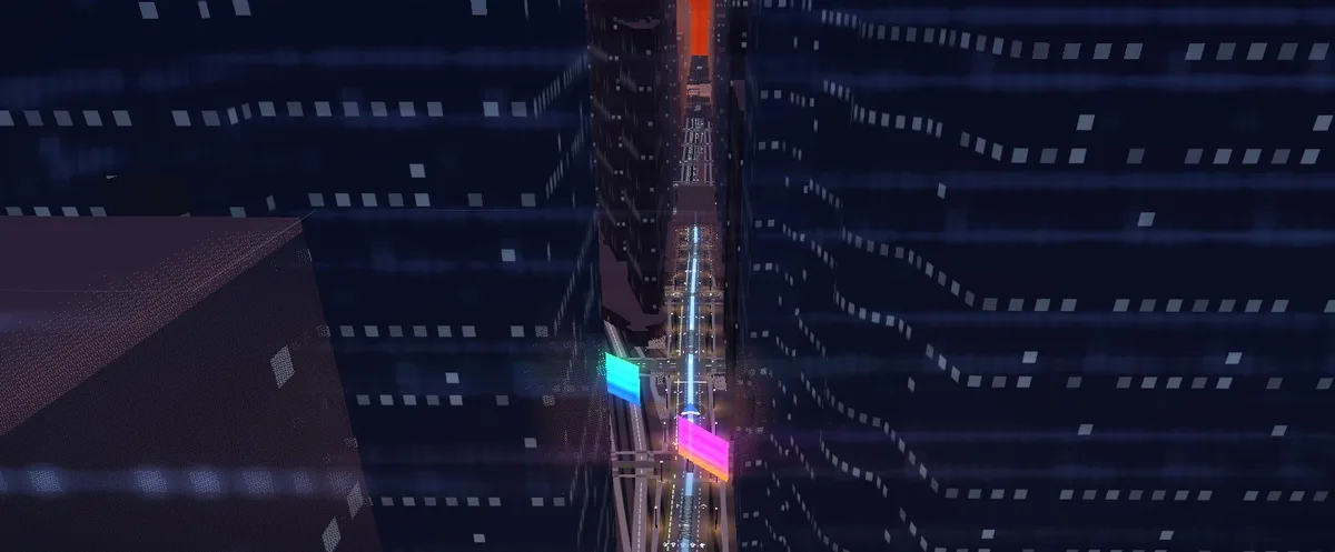 The Manhattan dusk drive: the route threading the Times Square canyon between glowing towers and billboards.