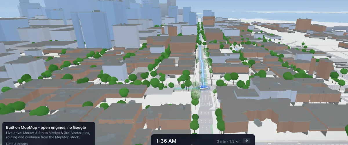 The San Francisco day drive: the blue route ribbon running down Folsom Street between low SoMa blocks and street trees, downtown towers behind and the Bay on the horizon.