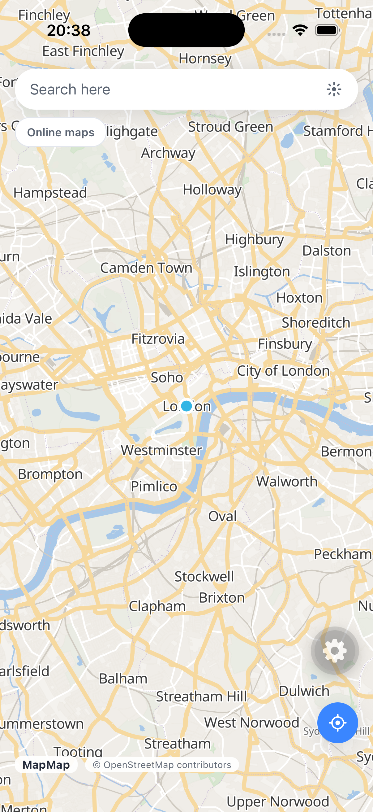 The MapMap map rendered on iOS, centred over London, with the search bar and locate control from the SDK's default UI
