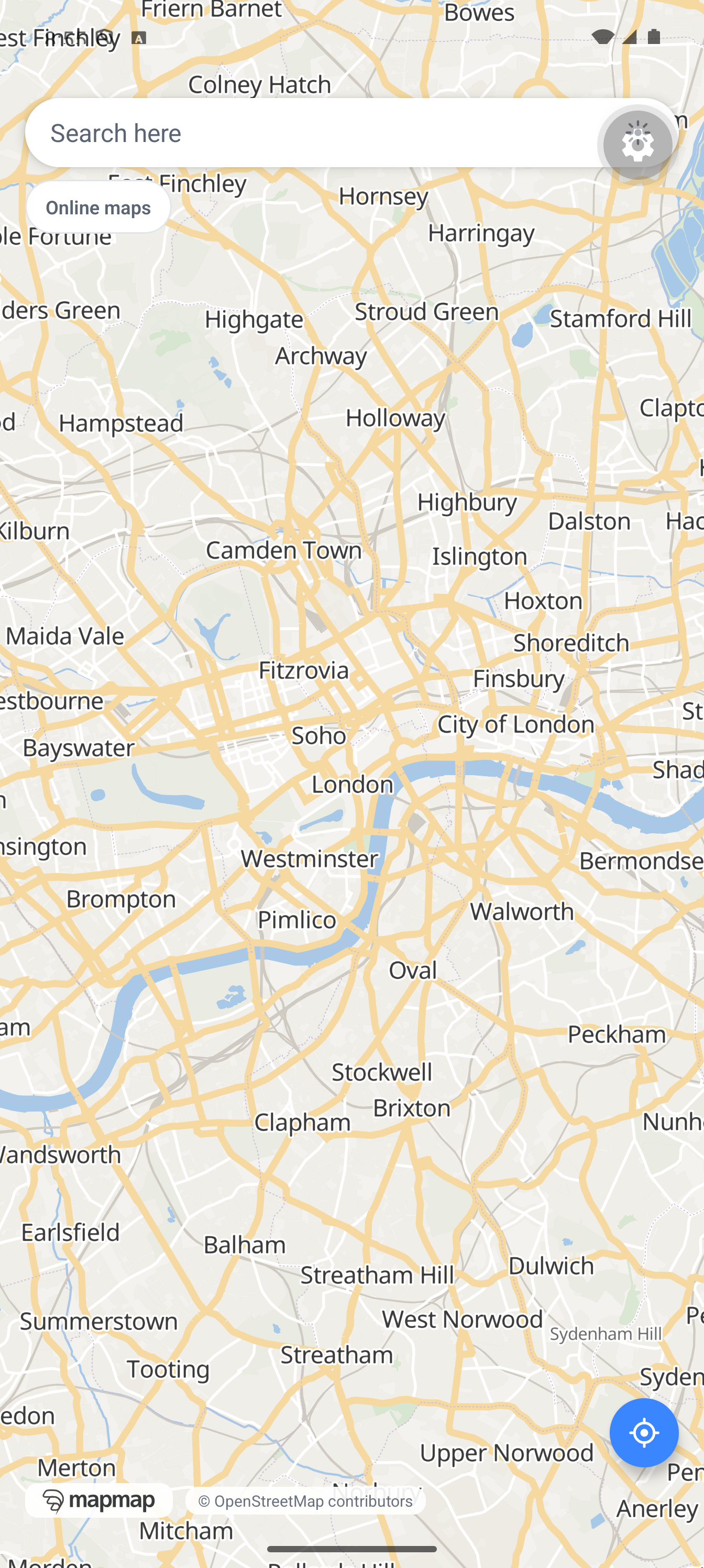 The MapMap map centred over London, rendered by the SDK, with the search bar and layer switch from MapMap Nav
