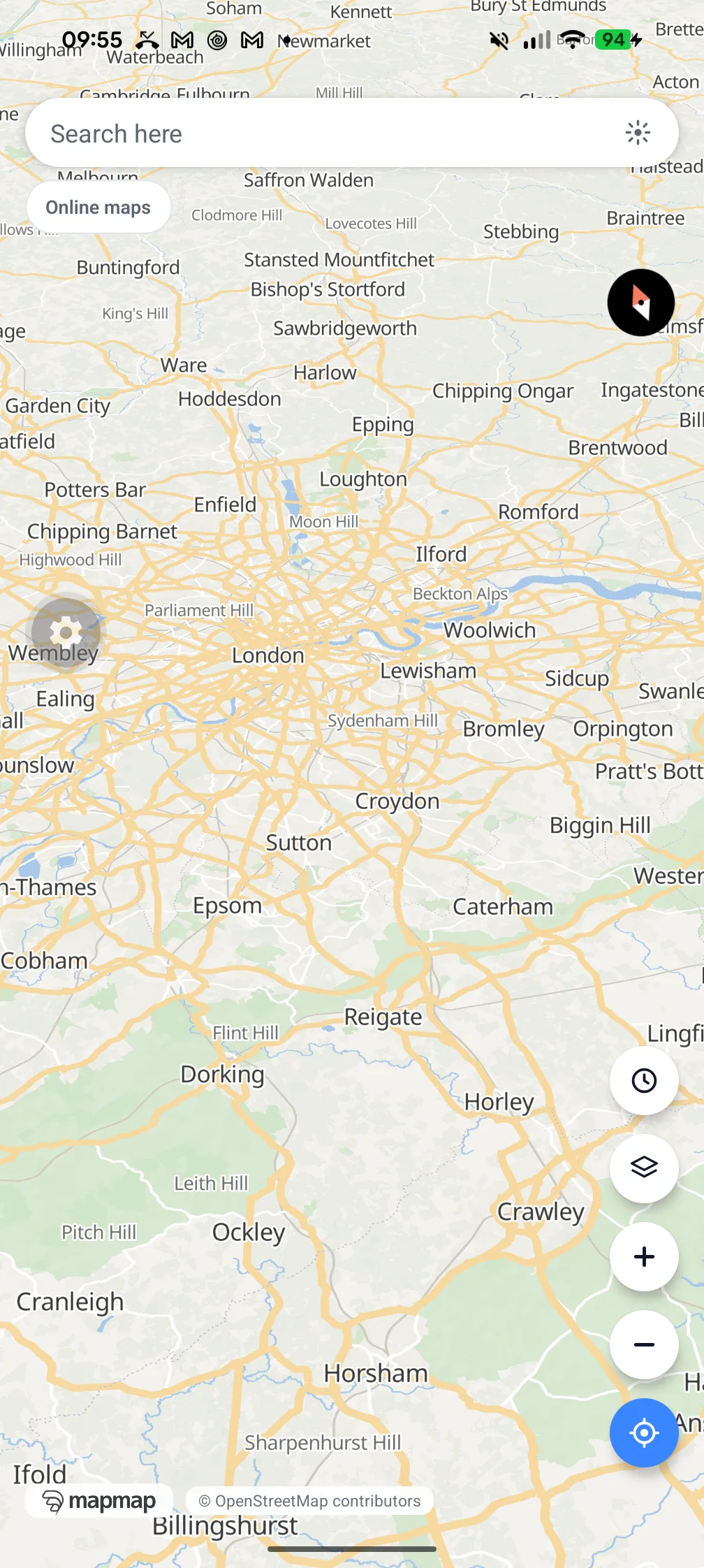 MapMap Nav 2D explore map with the search pill and town labels