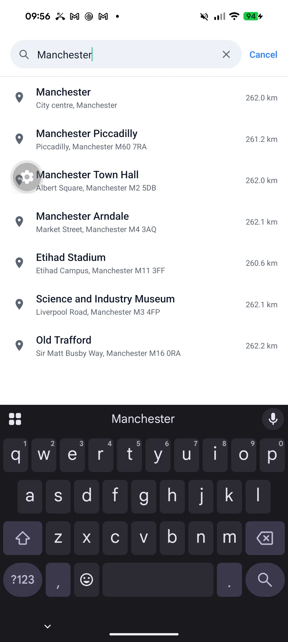 MapMap Nav search screen showing live results for Manchester