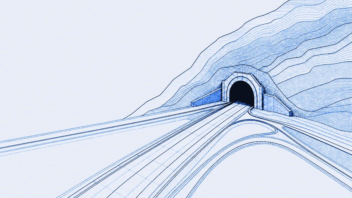 A cross-section of a road tunnel portal in engineering linework, with route lines fanning away and diverting around it under layered contour bands.
