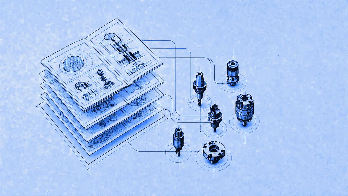 An open technical manual of layered instructional diagrams feeding knowledge into a set of tool heads along leader lines.