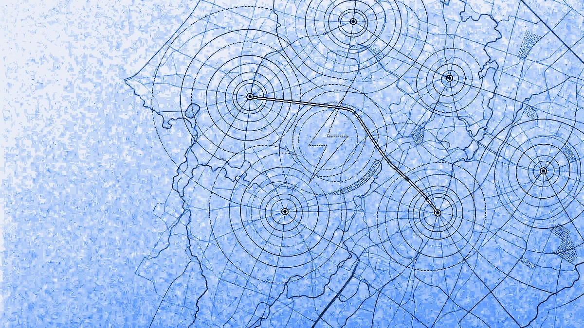 Concentric isochrone rings radiating from small charge-point nodes on a faint tile grid, with a single route line linking two of the nodes.