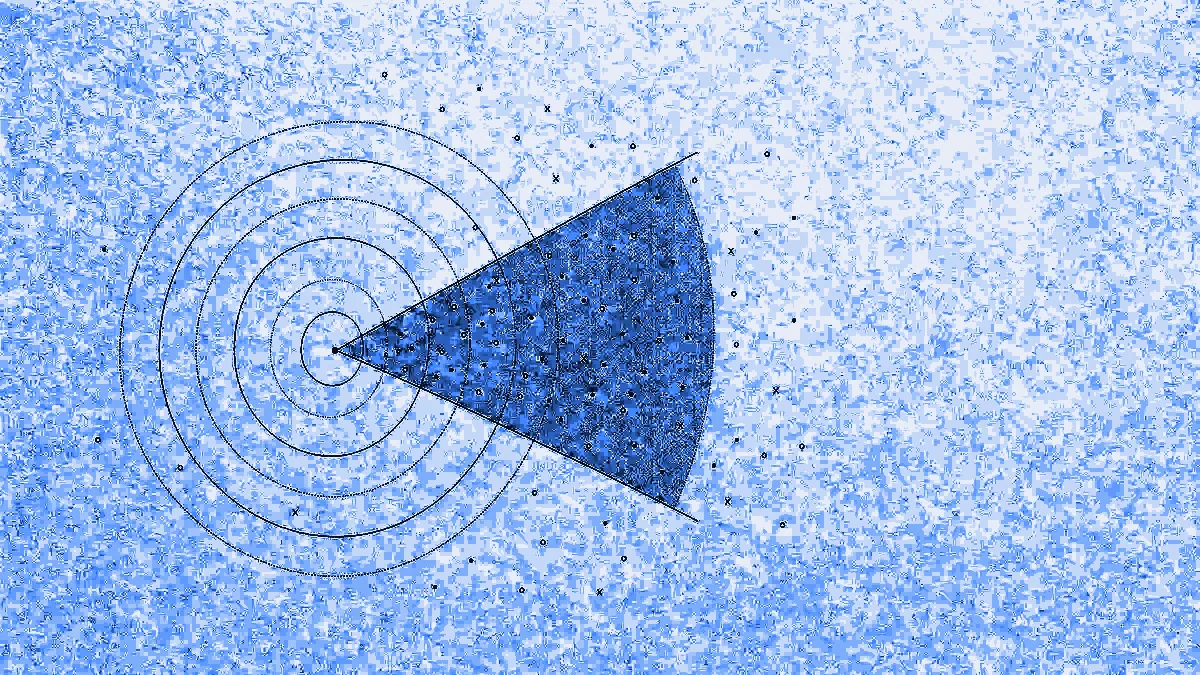 A single point on an otherwise empty field with a narrow wedge opening out from it, crossed by faint concentric rings and a scatter of small marks, some inside the wedge and some outside it.