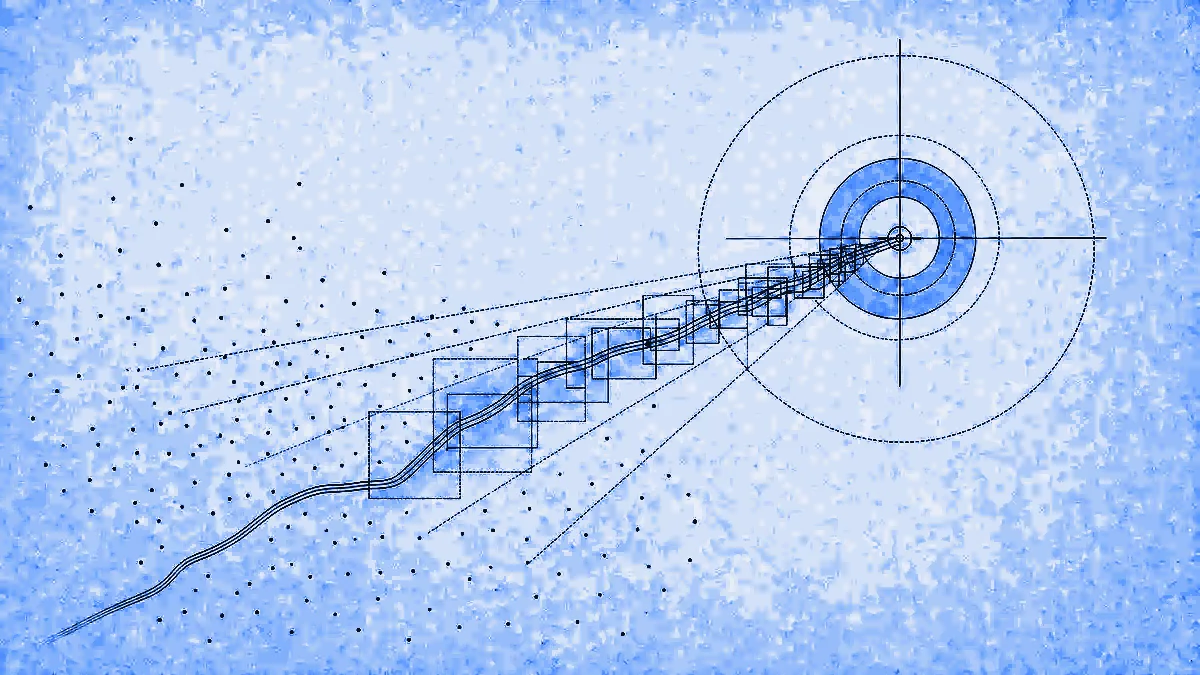 A scatter of unlabelled address points resolving into one precise crosshair, with search radius circles and candidate boxes narrowing along a road line.