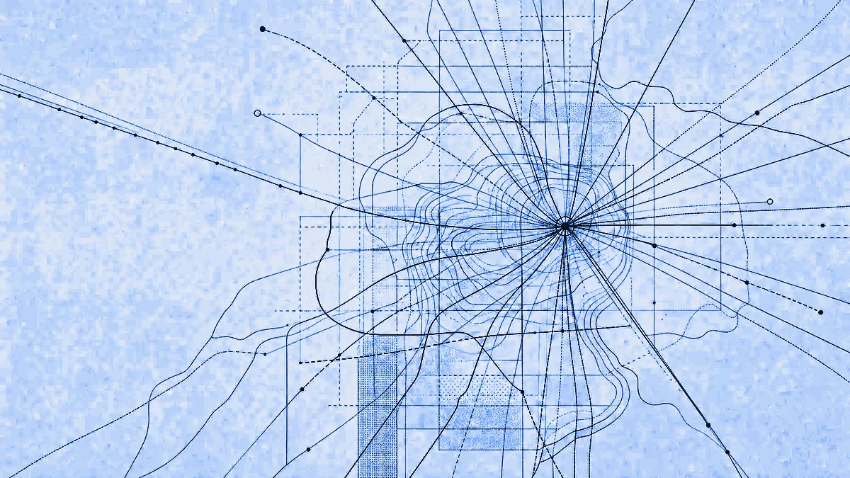 Route lines, contour rings and tile grid squares converging from many directions into a single resolved node.