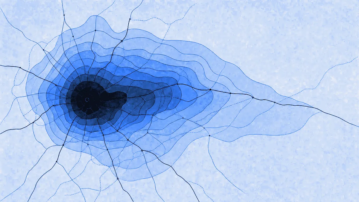Concentric reachability rings spreading unevenly from one origin, stretched by the road network into lobes rather than circles.