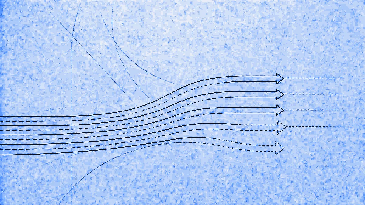 A motorway approach splitting into five lanes, each with its own directional arrow, some crisp and others fading to dashed outlines where the data thins.