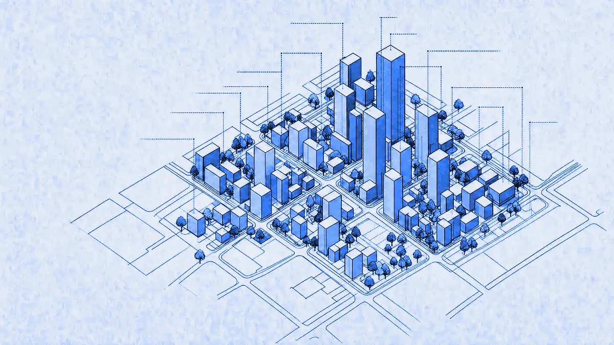 Extruded rectangular building prisms rising to varying heights from a flat street-network plan, with simple canopy forms scattered between them and height datum lines marked as an axonometric study.