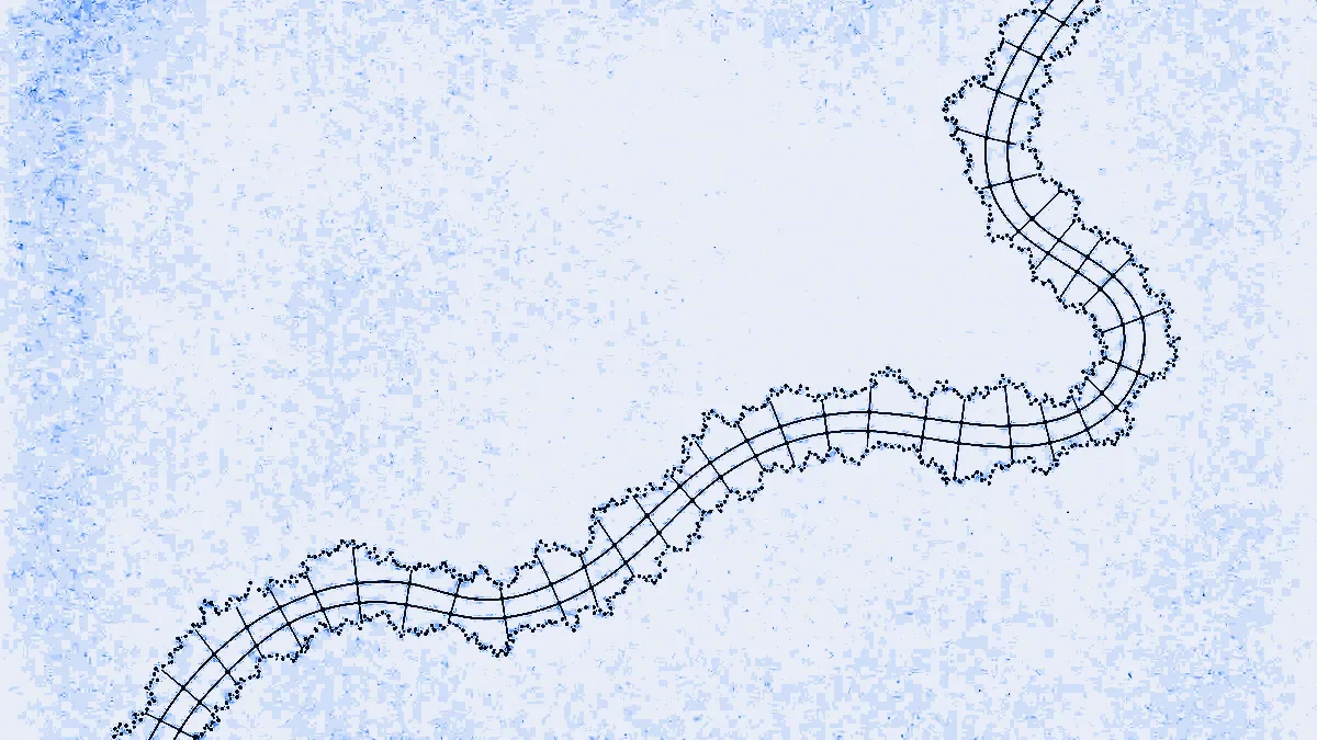 A jittery trail of noisy position dots drawn onto a clean road centreline by perpendicular correction ticks, raw trace and snapped path shown as two lines.