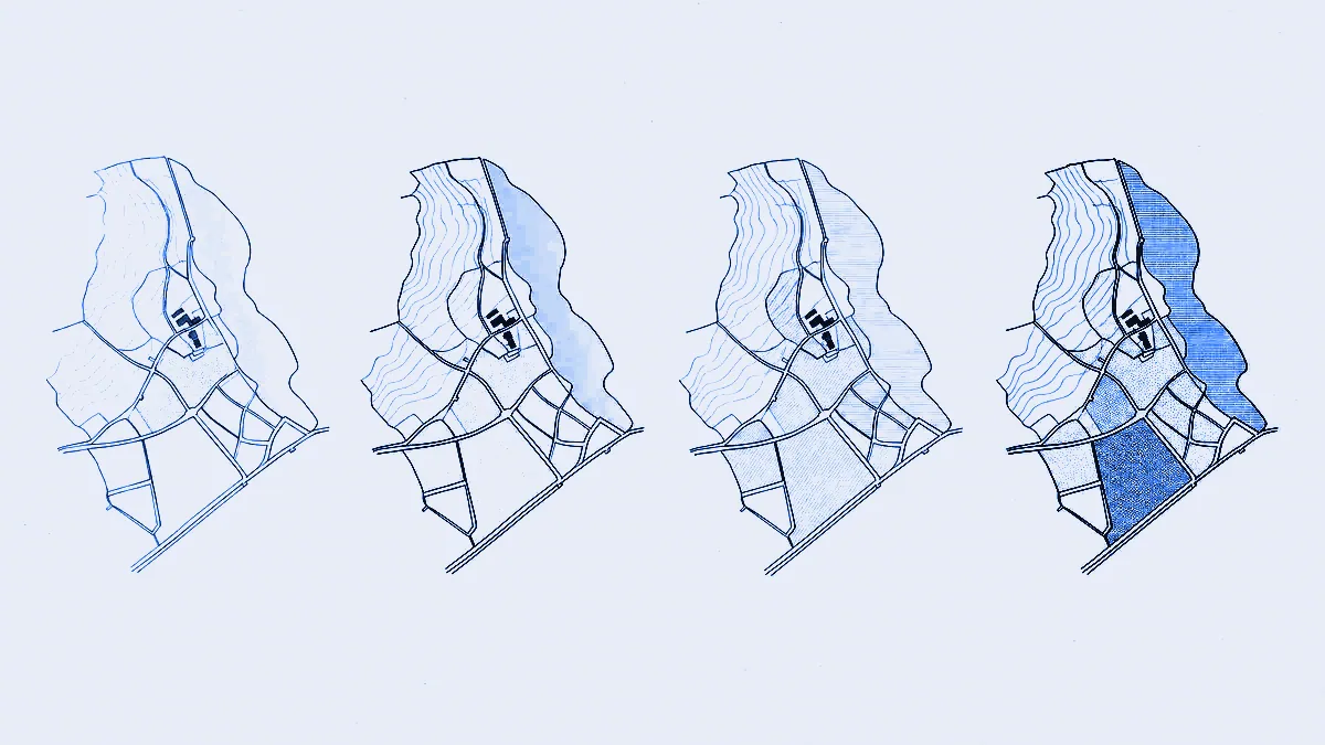 One map fragment repeated across four panels, each drawn with different line weights, hatching and fill patterns, like a printer's proof sheet.