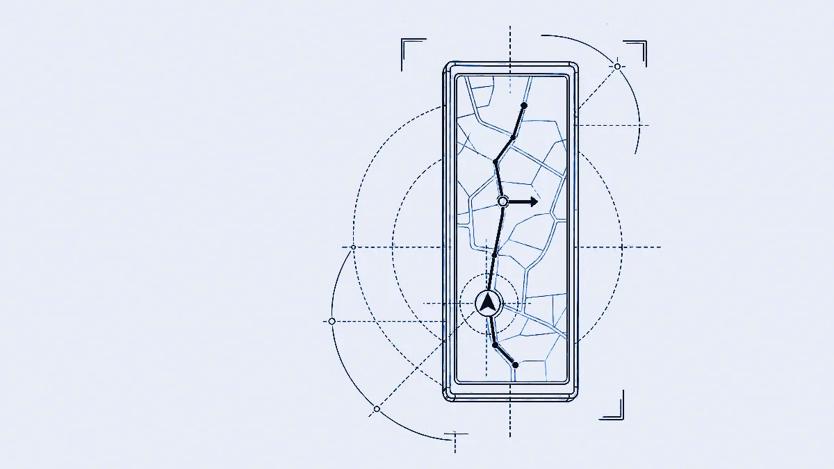 A slim upright handheld device rendered in fine linework, its screen holding a turn-by-turn route with node dots, a directional chevron locator and a manoeuvre arrow, ringed by dashed guidance circles and corner registration brackets.