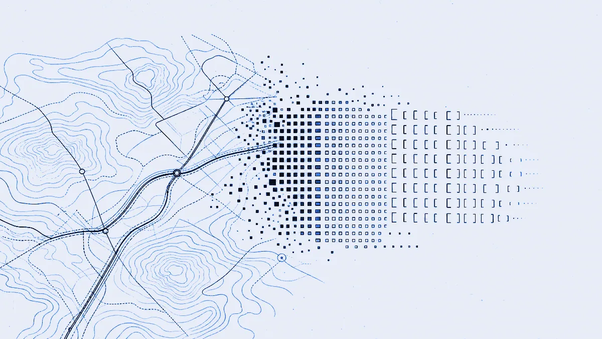 Route geometry and contour lines dissolving at one edge into an ordered grid of uniform data cells and bracket glyphs.