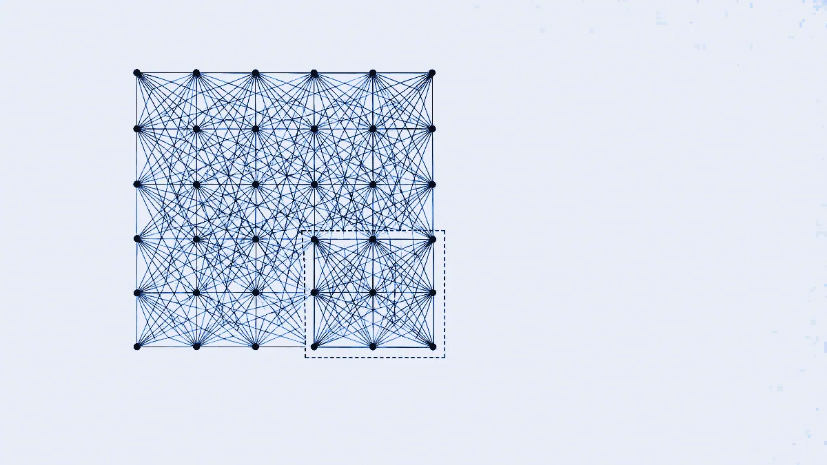 A grid of origin and destination points with measurement lines drawn between every pair, forming a dense woven lattice with one block delineated.