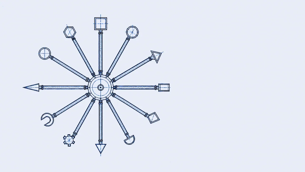 A central hub node with twelve tool spokes radiating outward, each ending in a different geometric fitting.
