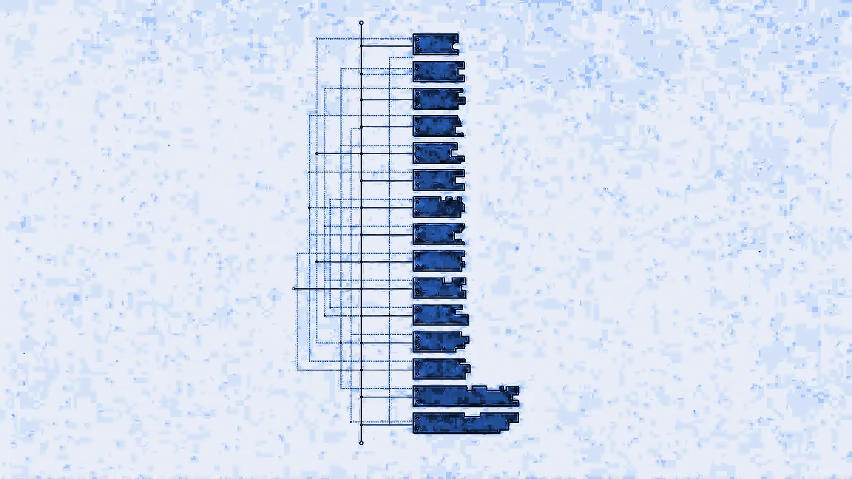 A vertical spine line with thin connectors feeding a stacked column of rectangular plates, each cut with a different notched profile along its right edge like keys on a rack, the lowest two running wider than the rest.
