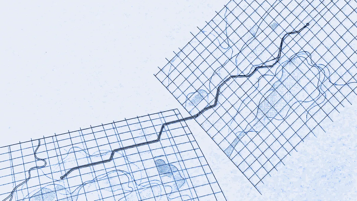 Two coordinate grids at slightly different orientations, overlapping at one corner, with a single route line threading from one grid into the other through the narrow gap where their lines briefly align.