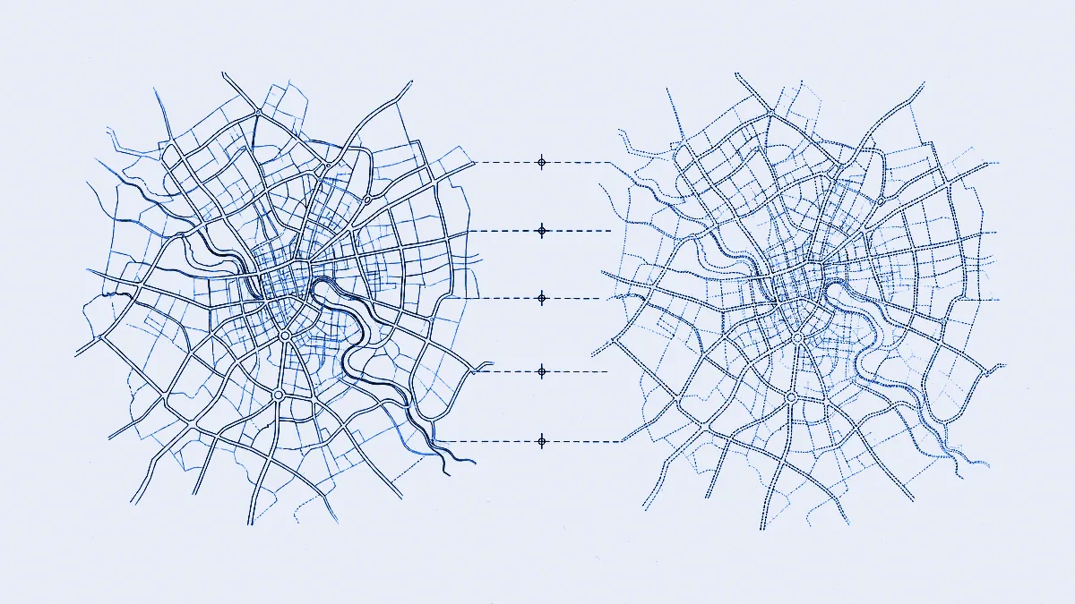 Two networks of identical road geometry side by side in different line conventions, with registration marks bridging between them as one overlays the other.