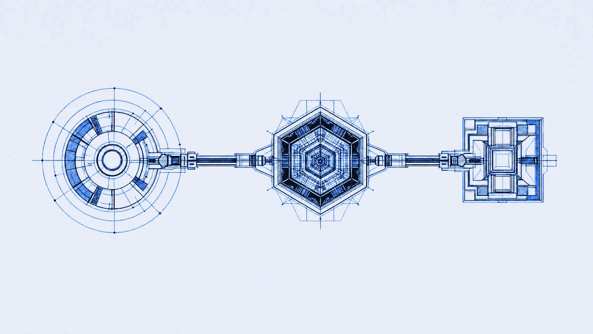 A single hexagonal core with two identical binding shafts extending symmetrically into two differently shaped device outlines.