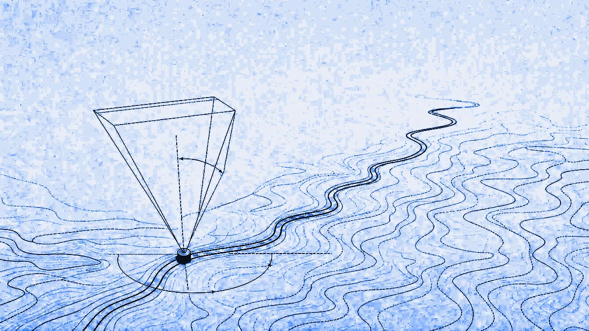 A chase camera drawn as a wireframe frustum hovering behind a locator puck on a route line, with pitch and bearing arcs marked as dimension annotations.