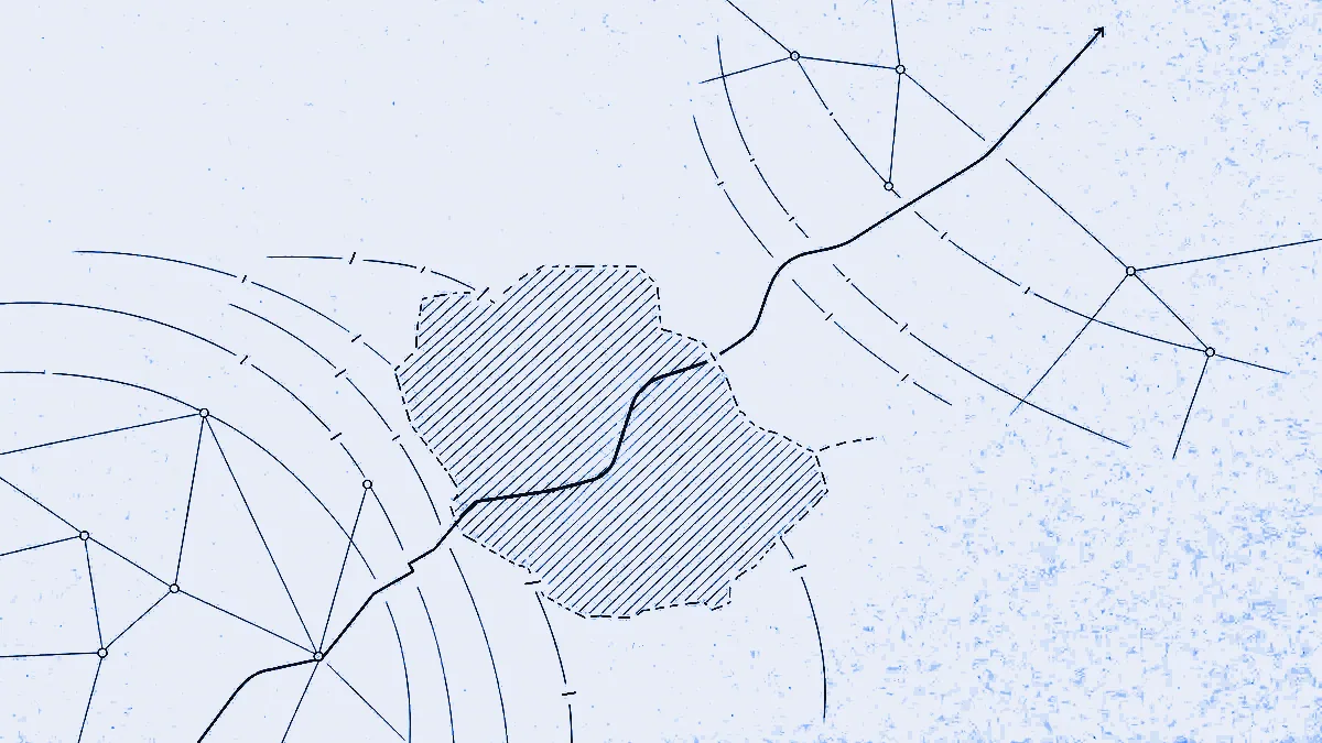 A route line continuing through a dense hatched no-connection zone, with every surrounding signal arc and network link severed at its boundary.