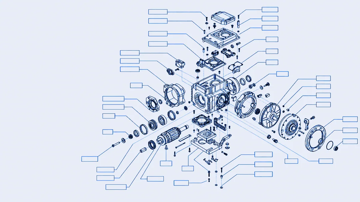 An exploded parts diagram of a machine, every component separated on a leader line to its own empty label plate.