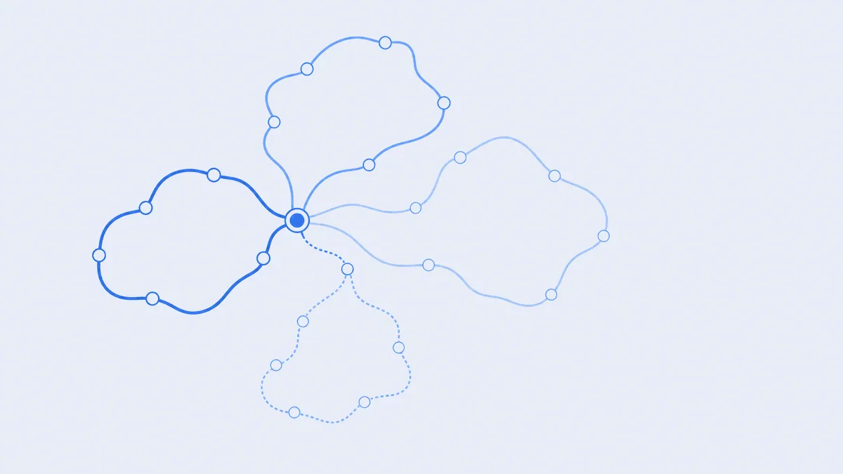 Several closed vehicle tours of differing line weight leaving one shared depot node, each threading an ordered sequence of stop markers without crossing.